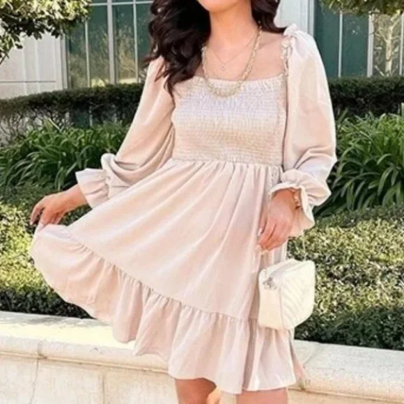 MODA ME COUTURE | Dresses | Beige Shirred Bodice Flounce Sleeve Ruffle Hem  Dress | Poshmark